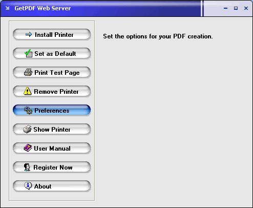 GetPDF allows your web clients to create PDF files from any printable document. It installs a virtual printer named GetPDF, which is accessible for all web clients. All they have to do is to click Print from their application to create PDF.