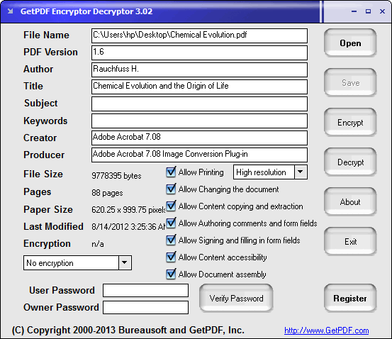 Windows 7 GetPDF Encryptor Decryptor 3.02 full